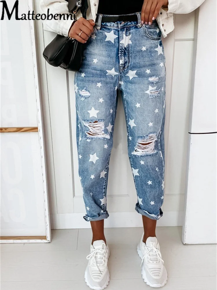 2024 Autumn Boyfriend Jeans Woman Slim Hole Jeans For Ladies With Five-Pointed Star Ripped Jeans Street Casual Blue Denim Pants