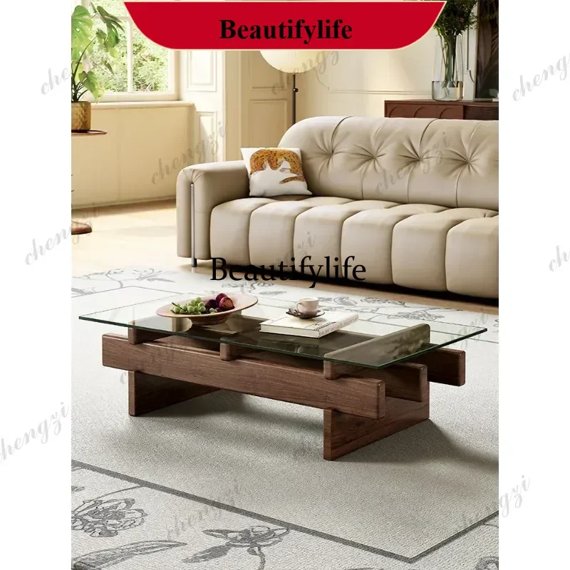 Retro medieval rectangular ash wood home living room solid wood glass coffee table d178
