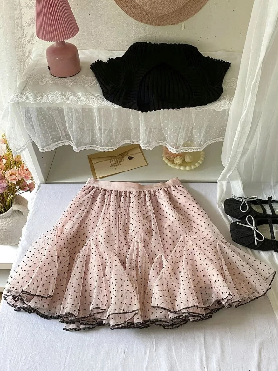 

Sweet Polka Dot Asymmetrical Full Skirt for Plump Women Summer Anti-Aging Fairy Tale Pink Short Skirt Breathable Skin-Friendly