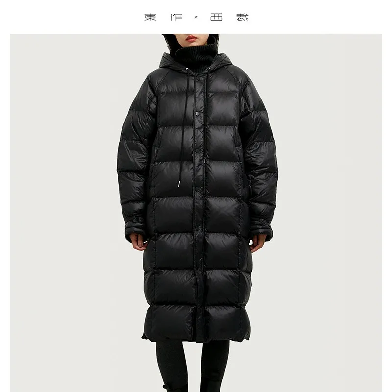 Füllstoff: Entendaunen ~ Lange Overknee-Daunenjacke im Paar-Stil, schwarzer Petite-Mantel, neues Wintermodell