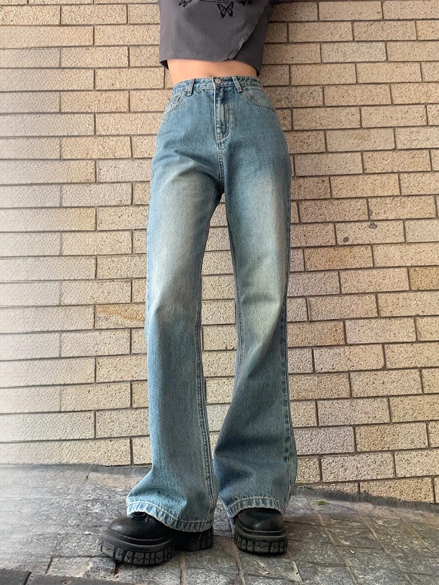 

Джинсовые джинсы-колокольчики с высокой талией, женские свободные широкие брюки в стиле ретро, утягивающие синие джинсы с хлопковой эластичной тканью