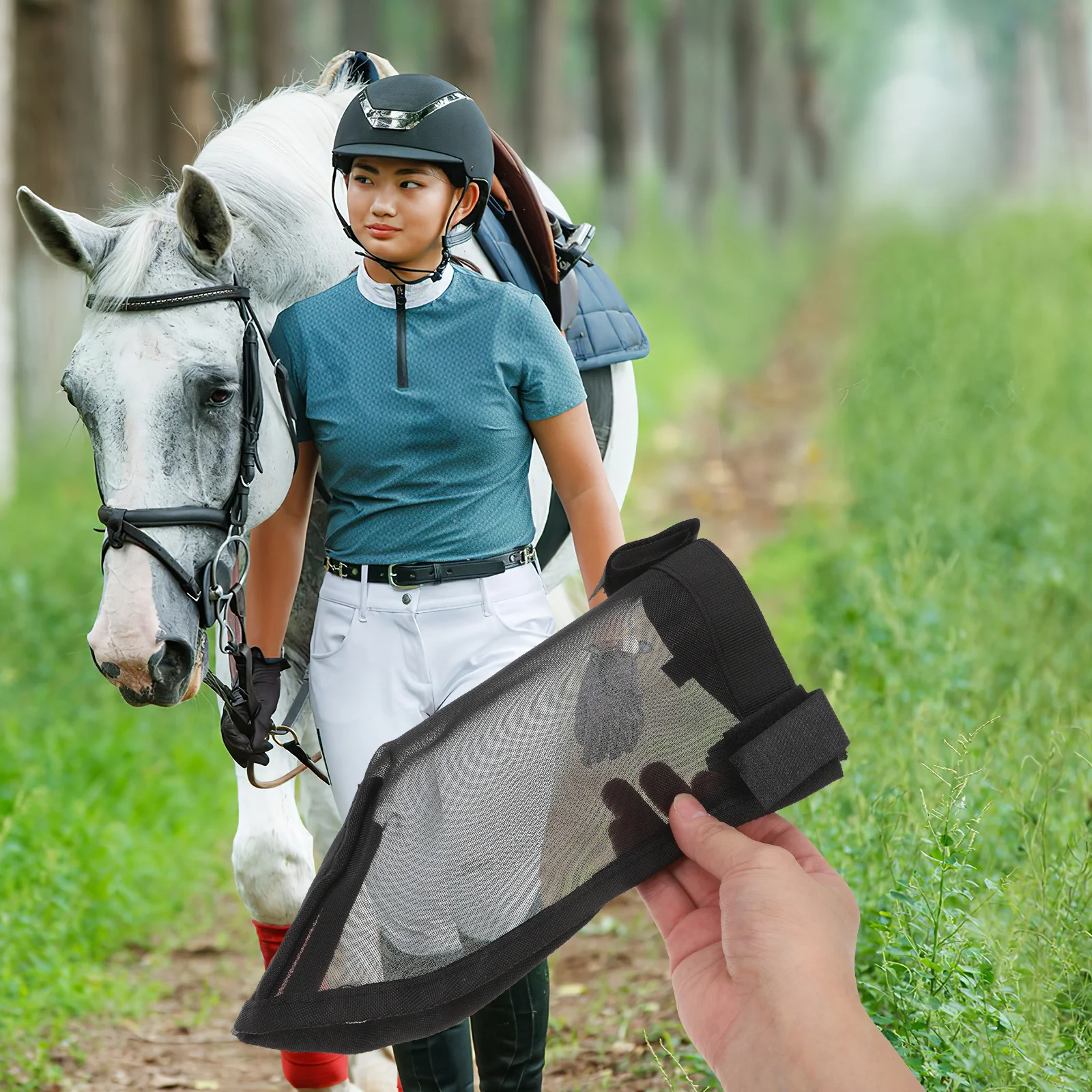 غطاء أنف حصان مسامي، تصميم شبكي رفيع لحماية حاجز الذبابة، للاستخدام الخارجي، سهل الارتداء مع رسن