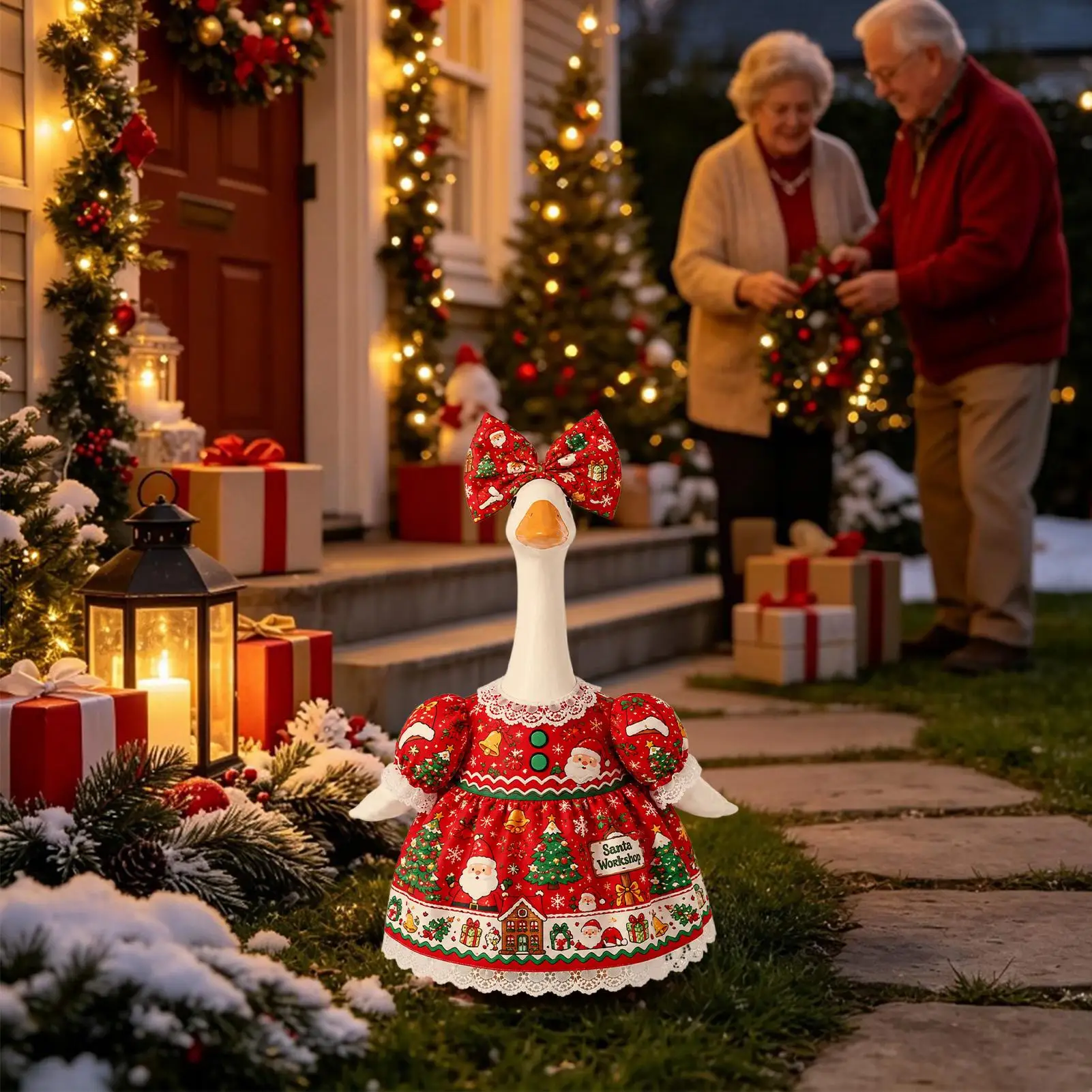 Porch Goose Outfits Christmas 23 Inch Dress Bowknot Outdoor Winter Decor Large Porch Goose Outfits for Garden Parties Christmas