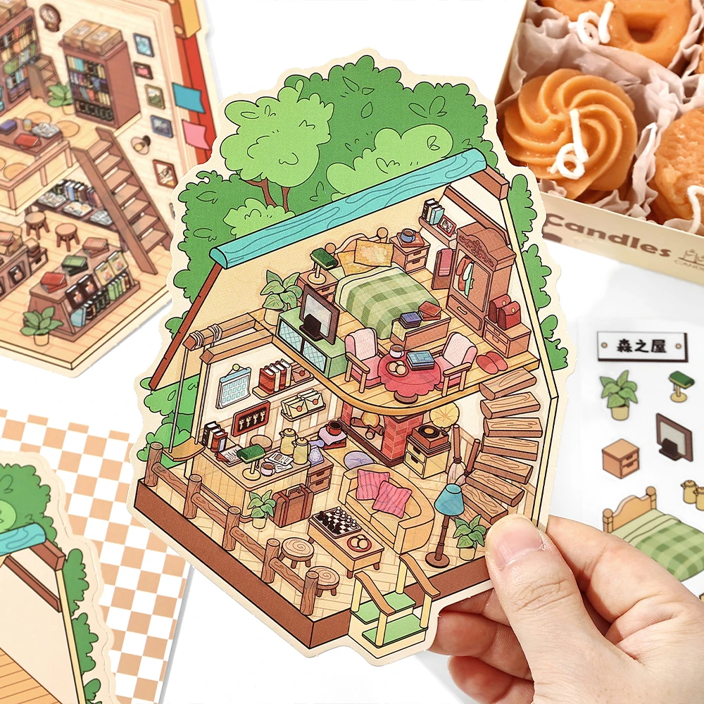5 scen w 1 Kawaii 3D Cartoon Miniature Landscape Sticker Book DIY Handmade Pocket Cottage Cute Sticker Children Festival Gift