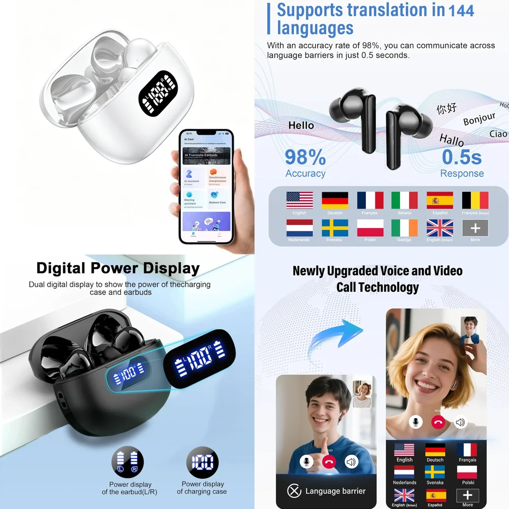 

Wireless Earbuds New Real Time Online Headphones with AI Language Translation for Business BT 5.4 TWS Earphone with LED Display