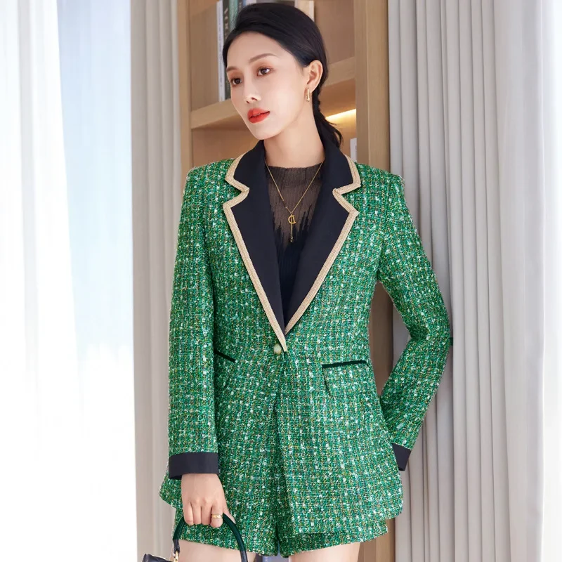 Setelan Blazer celana pendek wanita, hijau, setelan Blazer celana pendek kantor wanita bisnis pakaian kerja musim dingin musim gugur Formal elegan, mantel celana panjang, gaun Prom