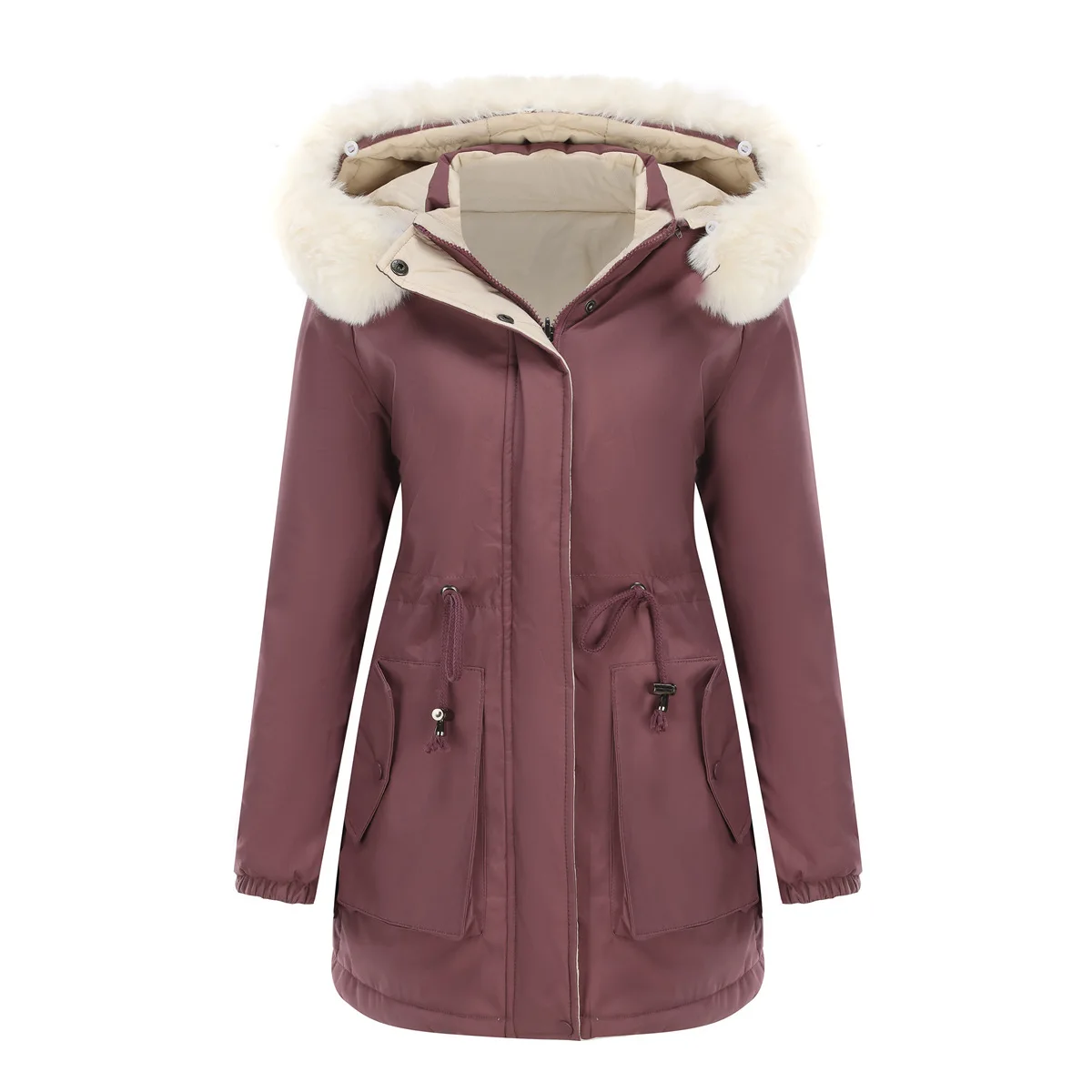 2024 Women Winter Jacket Two Sided Warm Cotton Jacket Detachable Cap Long Sleeved Zipper Thick Cotton Jacket Fur Collar Parkas