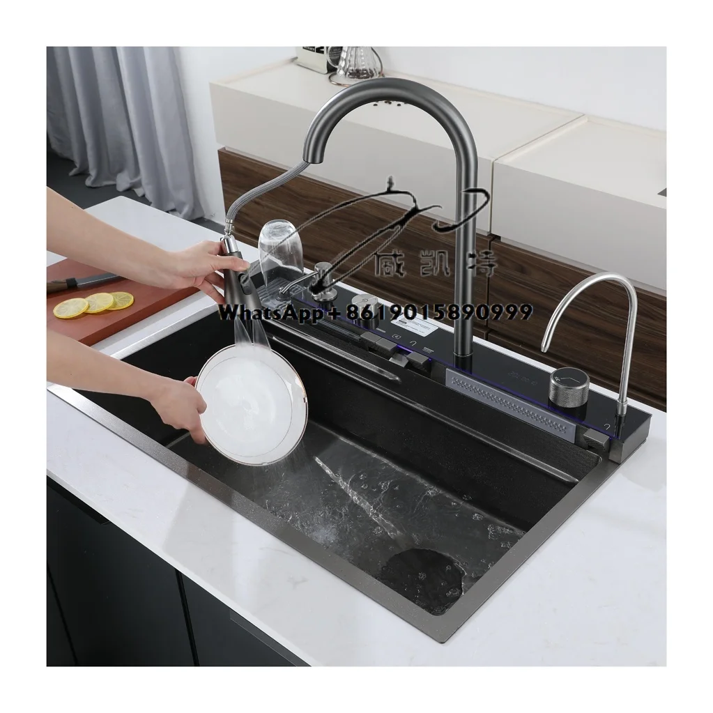 Productos más vendidos 2024 Fregadero Acero Inoxidable Negro Lavadora Cascada Fregadero de Cocina Gabinete de Cocina Lavadora de tazas