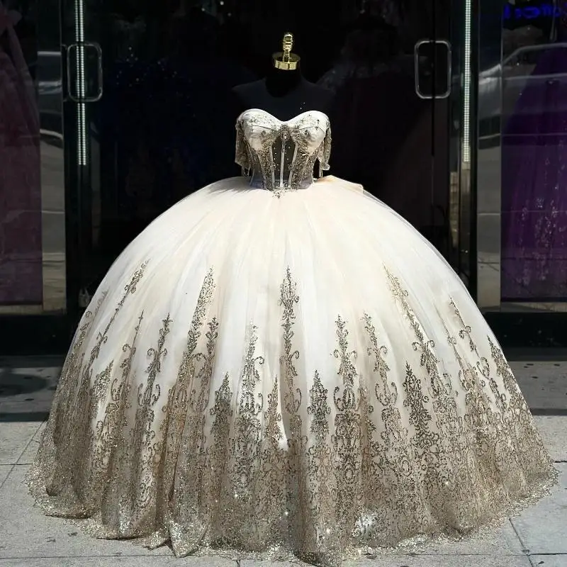 

Beige Ball Gown Quinceanera Dresses Off The Shoulder Sequined Appliques Lace Beads Tull Ruffles Corset Vestidos De 15 Años