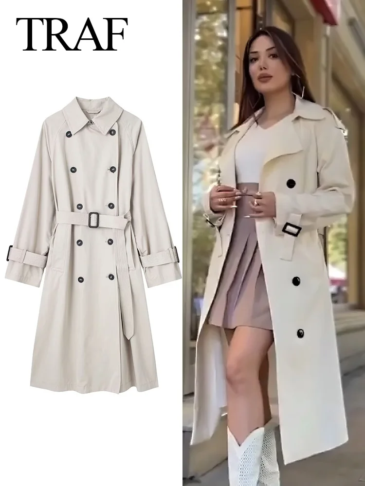 TRAF Autumn Fashion Women\'s Casual Solid Color Lapel Windbreaker With Pockets Belt Long Sleeves Female Vintage Chic Loose Coat