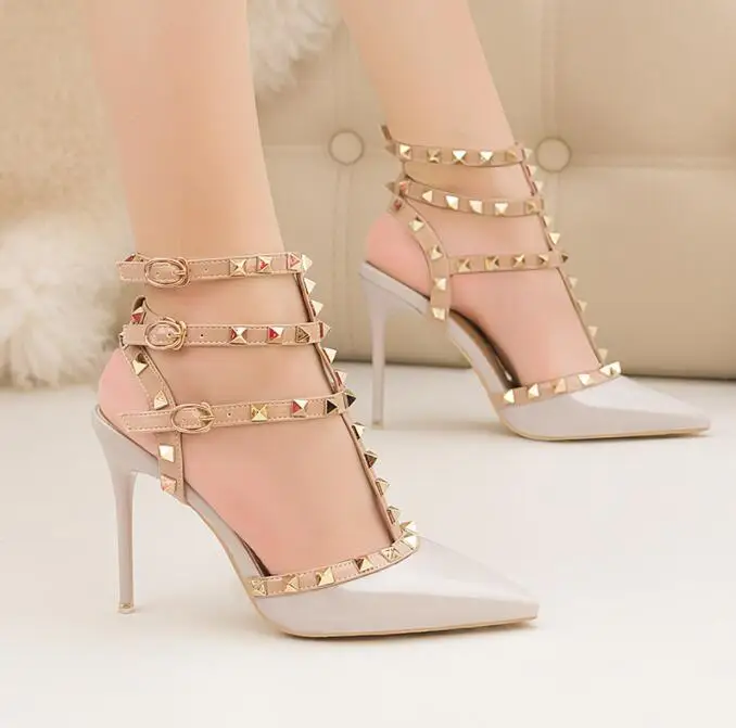 Women's High heel shoes Summer fashion rivet sandals PU Sexy nightclub stiletto heels patent-leather metallic rivet hollow sanda