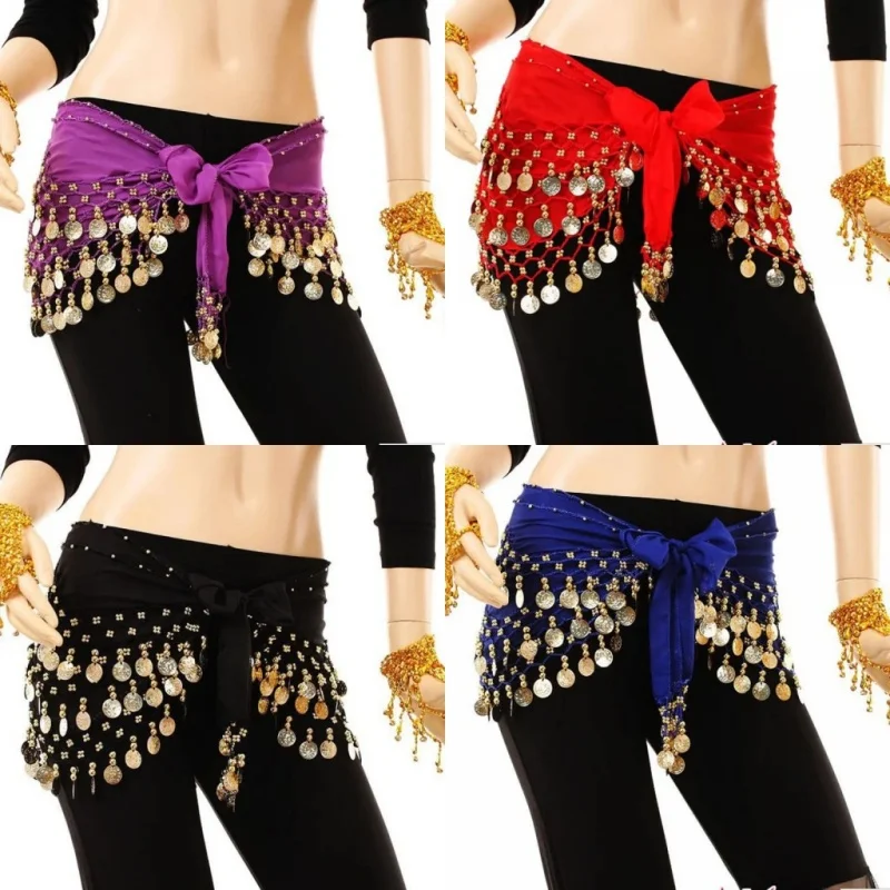 Belly Dance Hip Scarf Accessories 3 Layers Wrap Waist Belt Skirt Gold Coins Tassel Dancer Waist Chain Wrap Dance Wear Costume