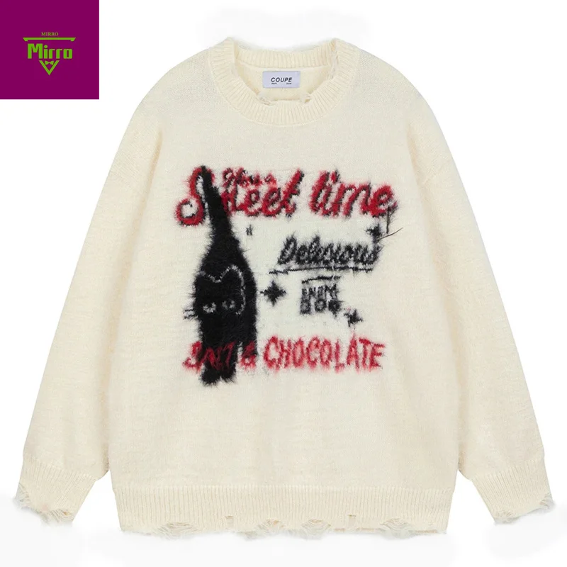 

Мужские свитера с рисунком кота, уличная одежда, Harajuku, хип-хоп, большие свитера Y2K, вязаный джемпер, повседневные свободные свитера, трикотаж