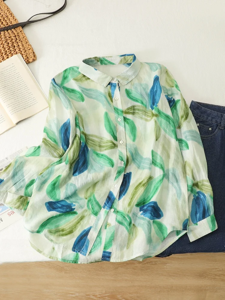 

Ретро-рубашка-жакет из льна с синим принтом для женщин, весна-осень, свободный крой, с длинными рукавами, на пуговицах, стандартная длина