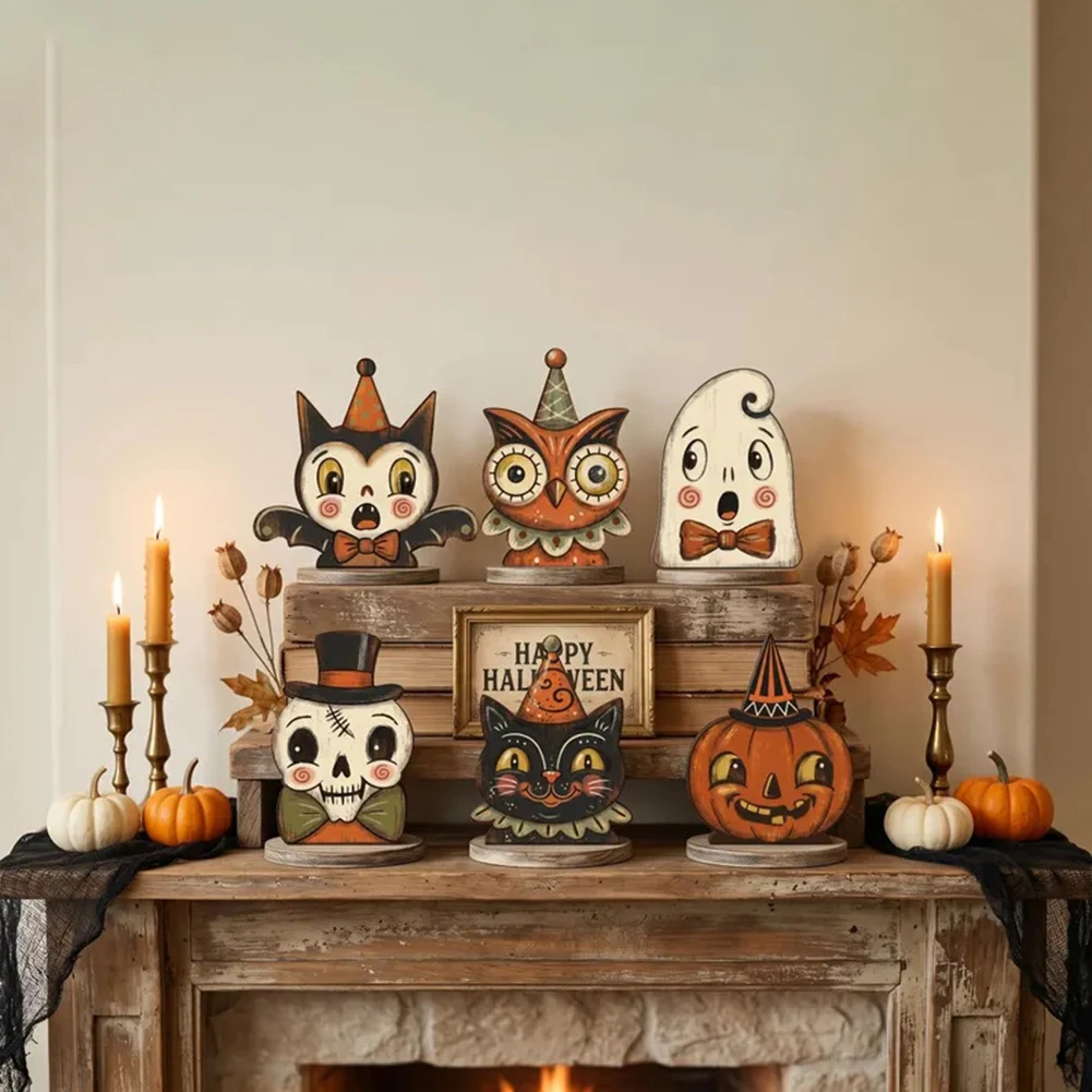 Rustic Wood Halloween Ornaments 6-Piece Set For Easy Tiered Tray Styling. Dining Table Centerpiece