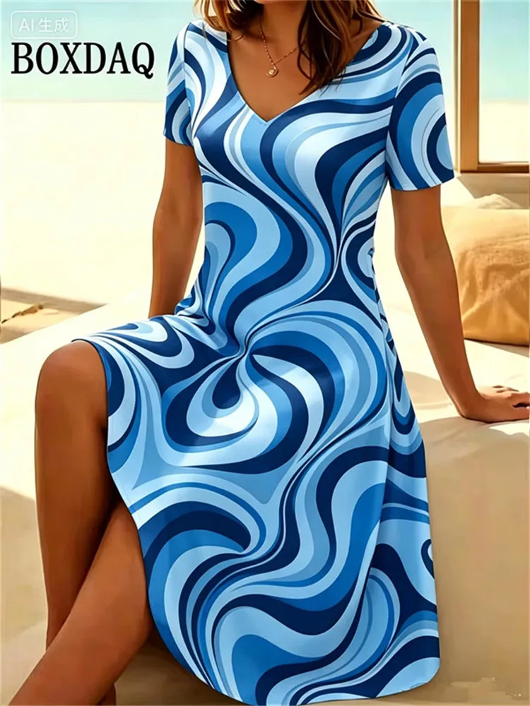 Abstract Striped Print Women Dress Elegant Casual Short Sleeve V-Neck A-Line Dress Summer Fashion Plus Size Clothing Ladies 6XL