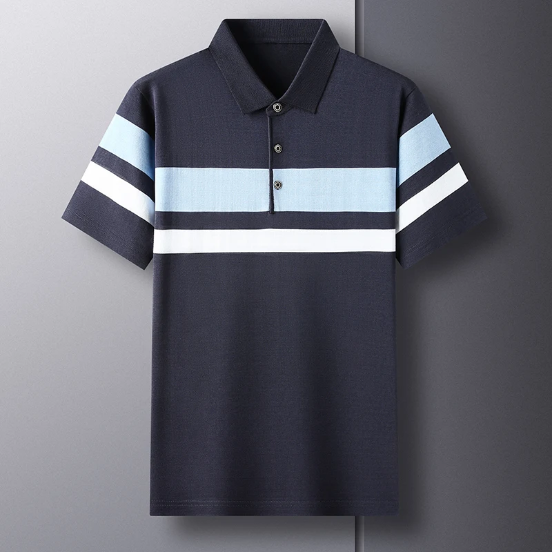 

Polyester Viscose Silk Polo Shirts For Men Short Sleeve Striped Summer Quality Soft Comfortable Elastic Casual Camisas De Hombre