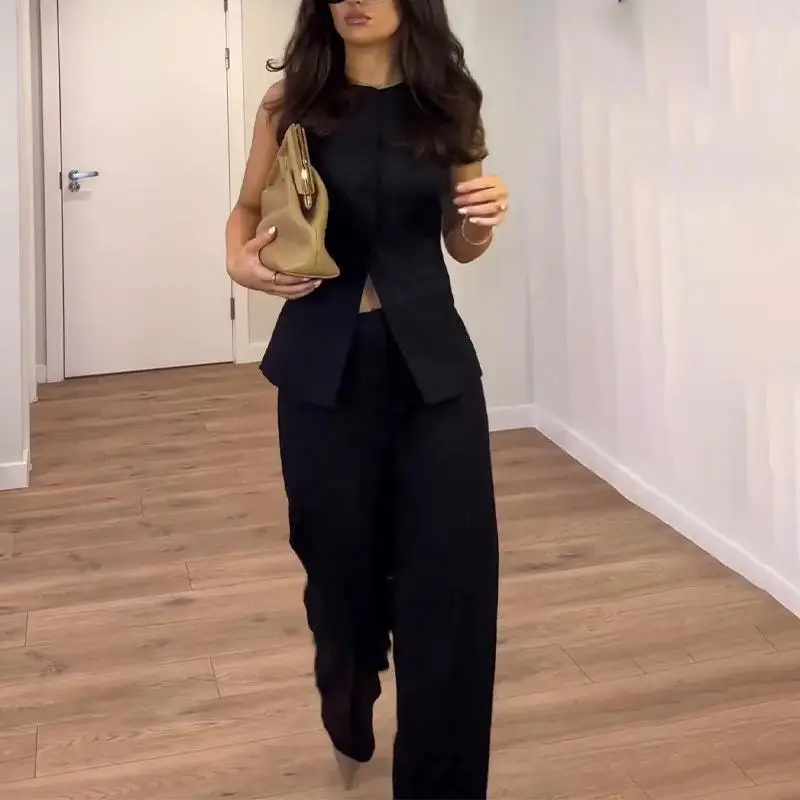 Fashionable Summer Outfit Women's Sleeveless Square Collar Top And Straight Leg Pants High Waist Design Cross-Border Clothing