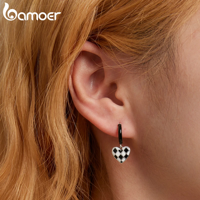 Bamoer 925 Sterling Silver Unique Fashion Black White Striped Checkered Hoops Minimalist Heart Rhombic Lattice Earrings