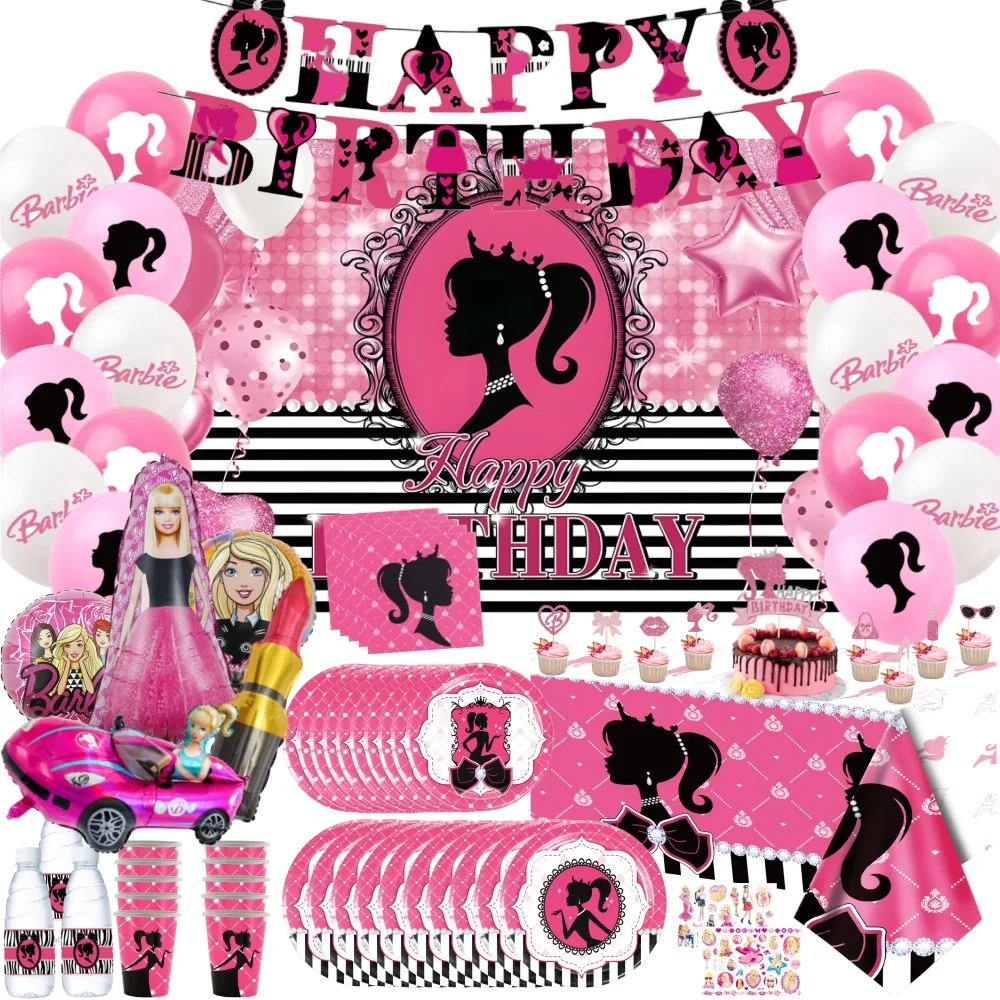 New Barbie Party Decorations Disposable Tableware Paper Bag Tablecloth Cake Topper Baby Shower Kids Girl Birthday Party Supplies