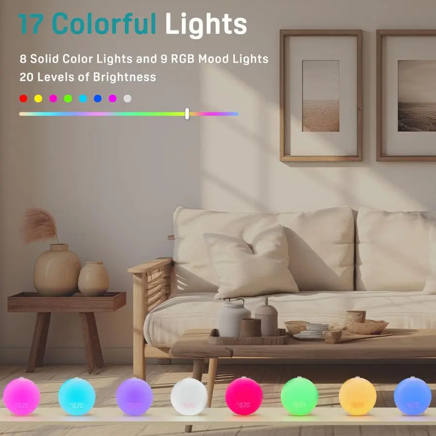 ساعة منبه شروق الشمس آلة صوت الضوضاء البيضاء مع 22 صوتًا مهدئًا، 17 مصباحًا ليليًا، مكبر صوت بلوتوث، إنذار ضوء الاستيقاظ Cl