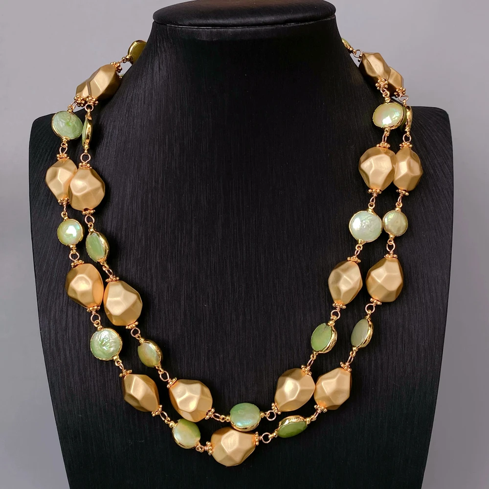 

Y·YING 2 Strands Matte Finish gold color nugget beads Cultured Green Coin Pearl wrap Necklace