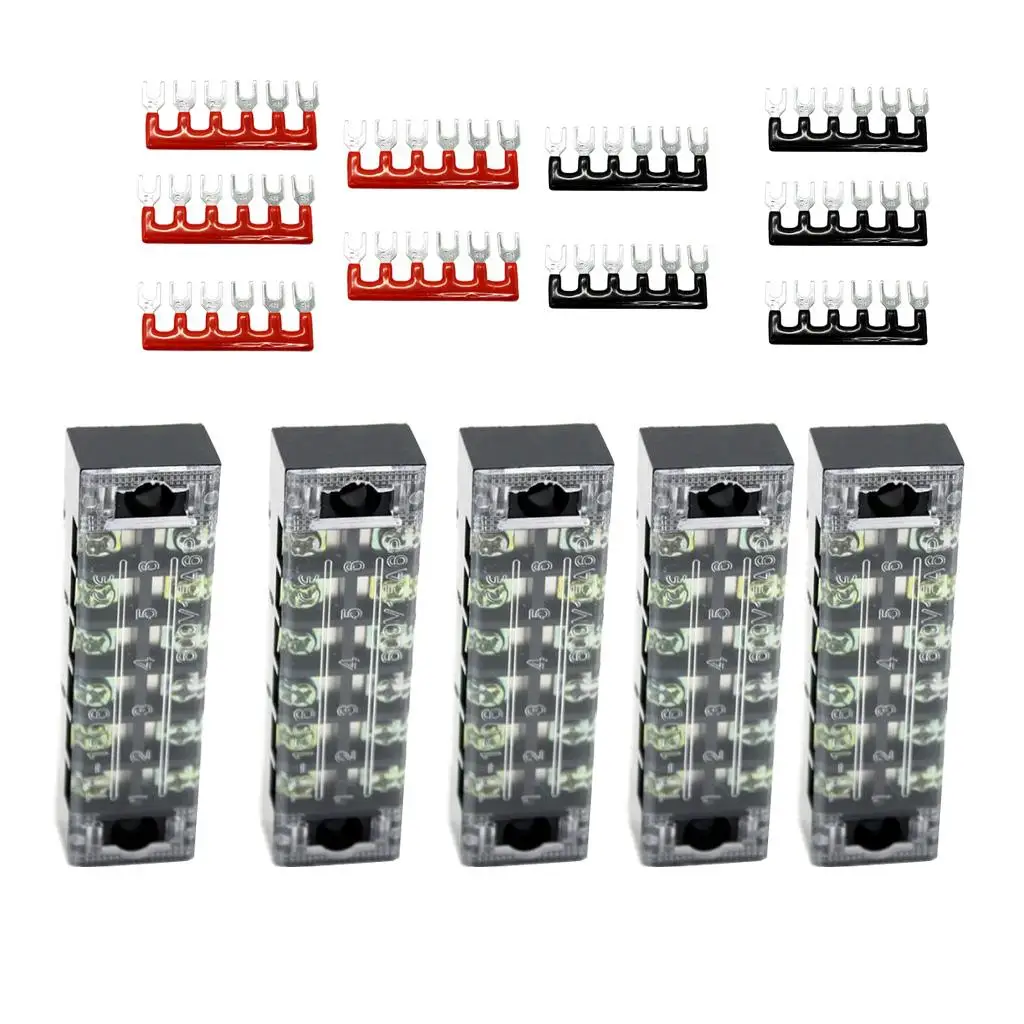 5 Sets 600V 15A 2 Rows 6 Positions Screw Wire Terminal Strip Barrier Blocks