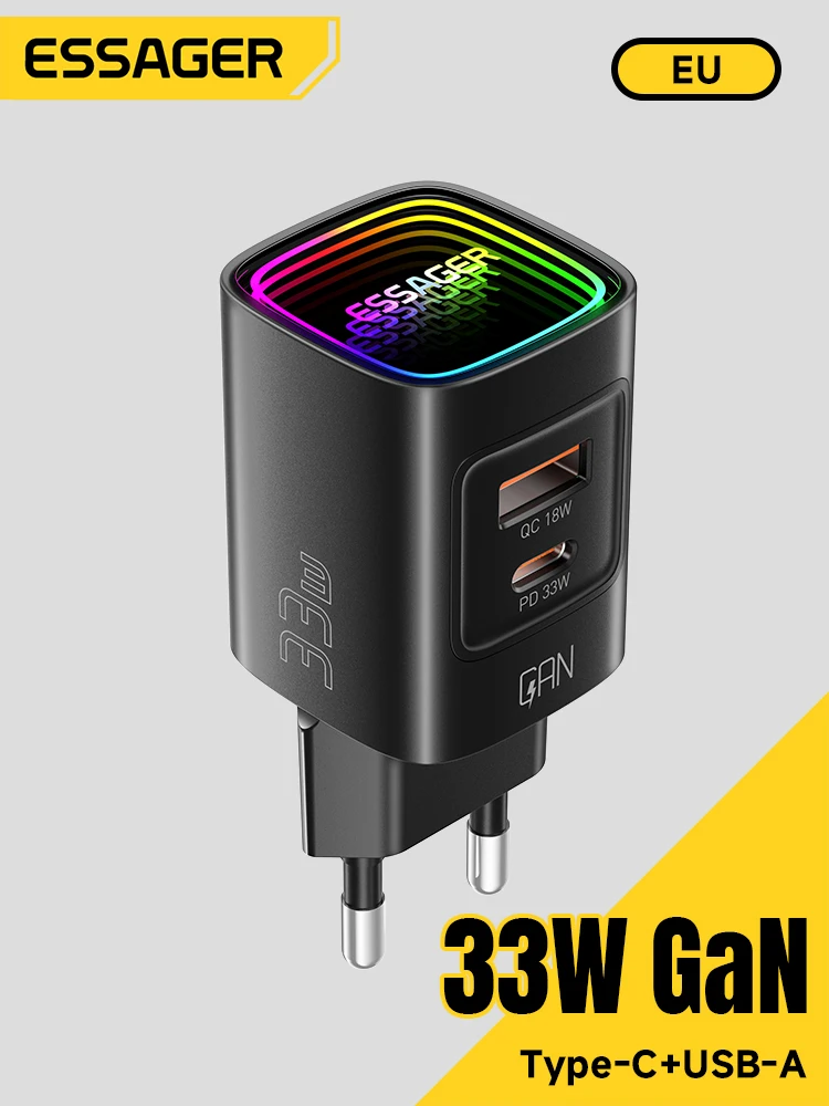 Essager GaN 33W USB Typ-C Ladegerät Tragbares PD-Schnellladegerät für iPhone 17 16 15 14 Pro Max iPad Xiaomi Samsung S25 RGB-Ladegerät
