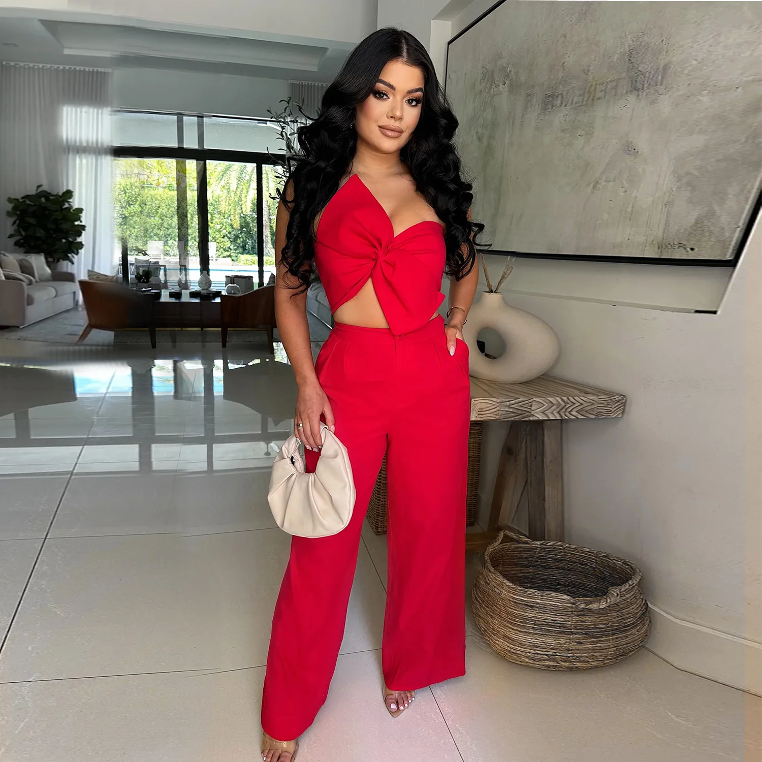 시스터 스타 패션 캐주얼 여성 섹시 리본 캐주얼 팬츠 수트 도매 기질 출퇴근 외출 휴가 투피스 세트