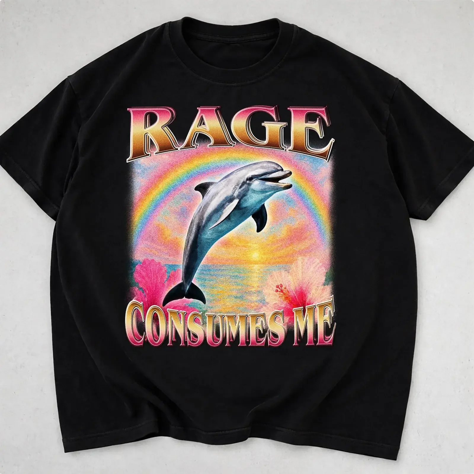 Rage Consumes Me Y2K T Shirt Dolphin Sunset Rainbow Hibiscus Flower Retro vintage Washed Stretched Comfortable