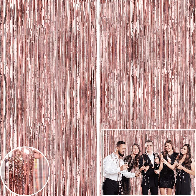 2MX1M Rose Gold Laser Tinsel Fringe Curtain Wedding Birthday Decoration Baby Shower Bachelorette Party Backdrop Supplies Rustic