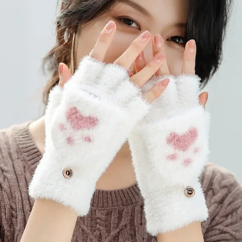 Cat Claw Paw Plush Mittens Thicken Women Warm Cat Gloves Cotton Girls Soft Plush Short Fingerless Half Finger Winter Gloves