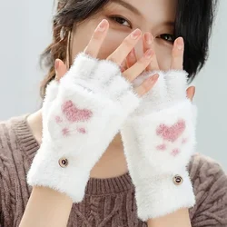 Guantes gruesos de gato cálidos para mujer |   Manoplas de felpa con forma de garra de gato para niñas, cubierta abatible de felpa suave, lindos guantes de invierno con medio dedo de dibujos animados