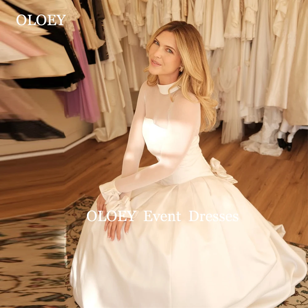 

OLOEY Simple High Neck A Line Wedding Dresses Floor Length Full Sleeves Bridal Gowns Customized Zipper Back Bows