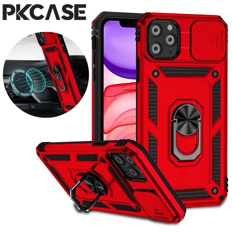 

PKCASE Shockproof Slide Push Window Phone Case For iPhone 16 15 14 Plus 13 12 Mini 11 Pro Max Magnetic Ring Holder Cover