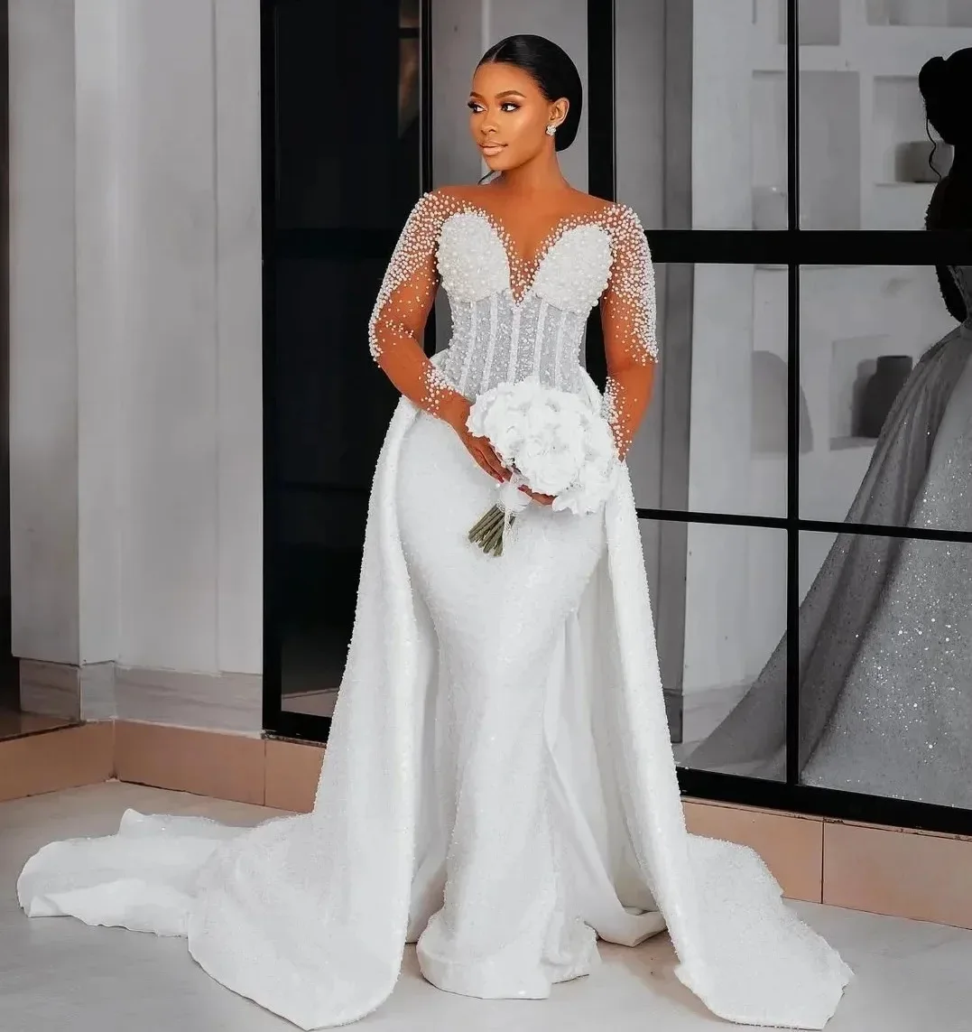 Mermaid Wedding Dress Deiutachable Sleeve Sheer V-neck Pearls Long Sleeves Sequined Birde Bridal Gowns Vestido De Noiva