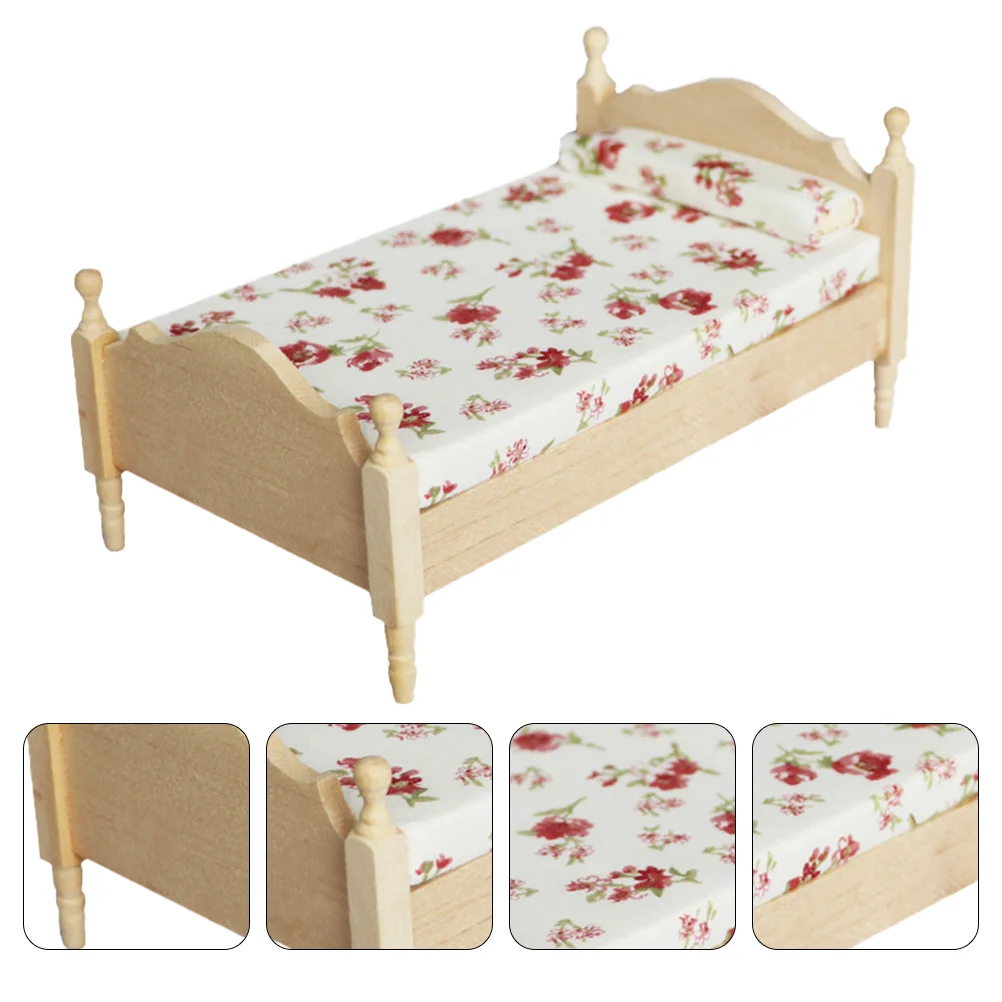 Dollhouse Blank Single Bed with Mattress Models Miniature Furniture Wooden Accessory