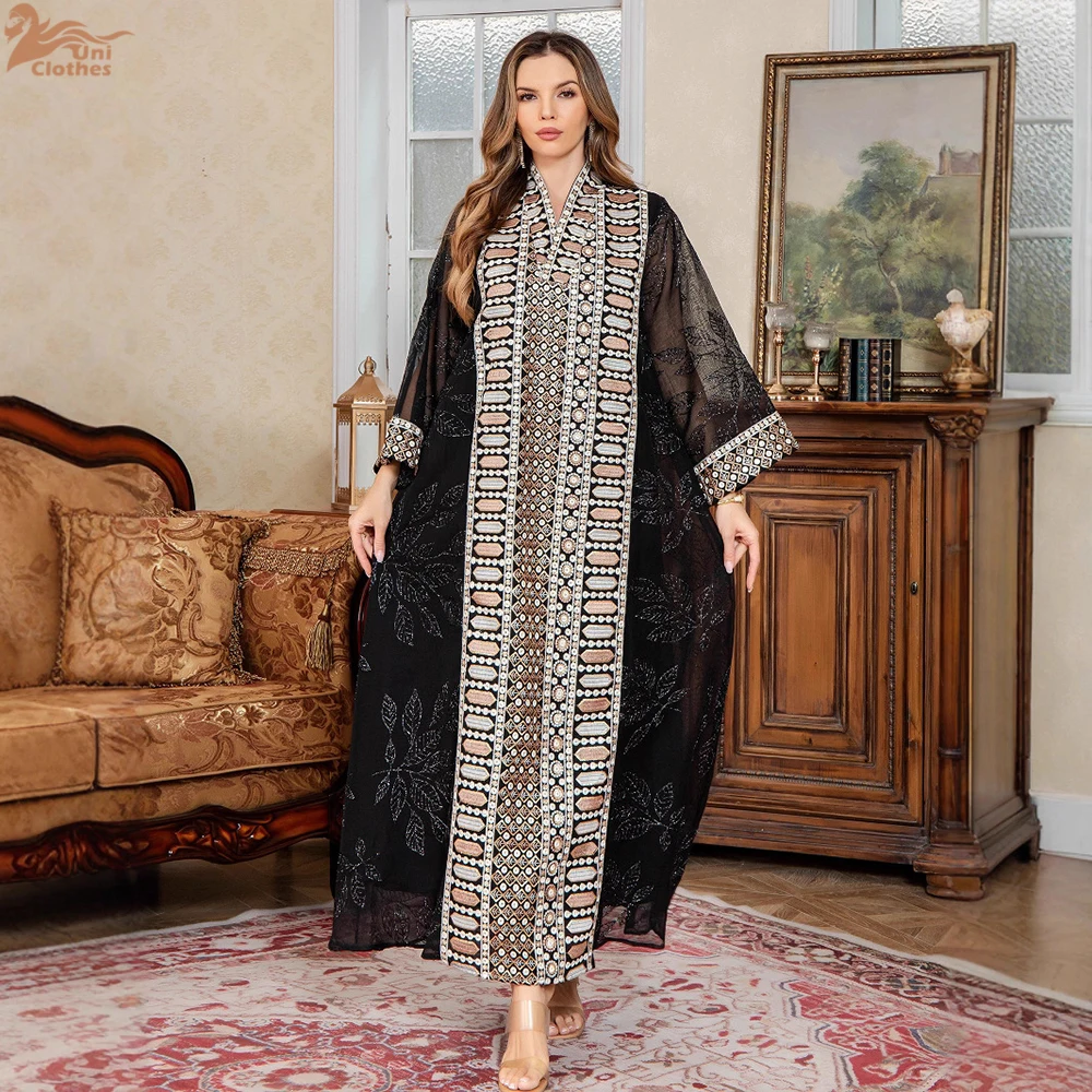 

Elegant Muslim Dress Embroidery Mesh Sleeves Abaya Middle East Clothes Women Robe Islamic Fashion V-Neck Gown Evening Party Wear