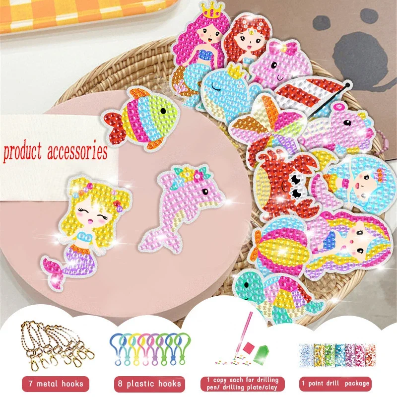 2026 NEW 15 Piece Diamond Painting Handicraft Set For children's Handmade DIY Mermaid Animal Keychain As A Gift For children's