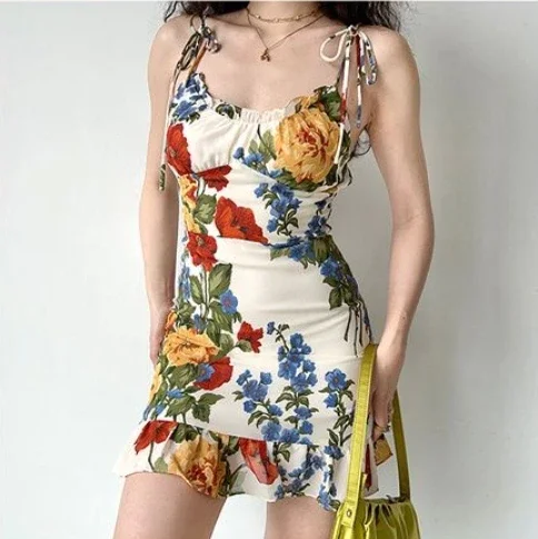 Women's Dresses Oil Painting Printed Camisole Dress Summer O-Neck Backless Pleated Hem Waist A-Line Women's Camisole Dress