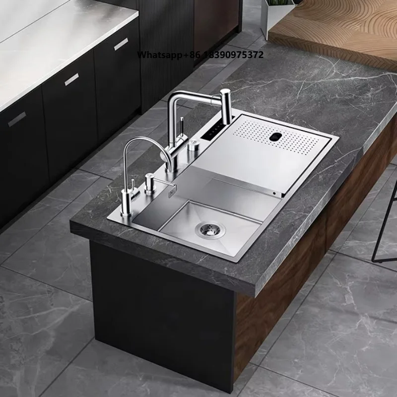 Smart Kitchen Sink Double Bowl Four Hole 304 Stainless Steel Handmade Square Modern Brushed/Black Nano Coated