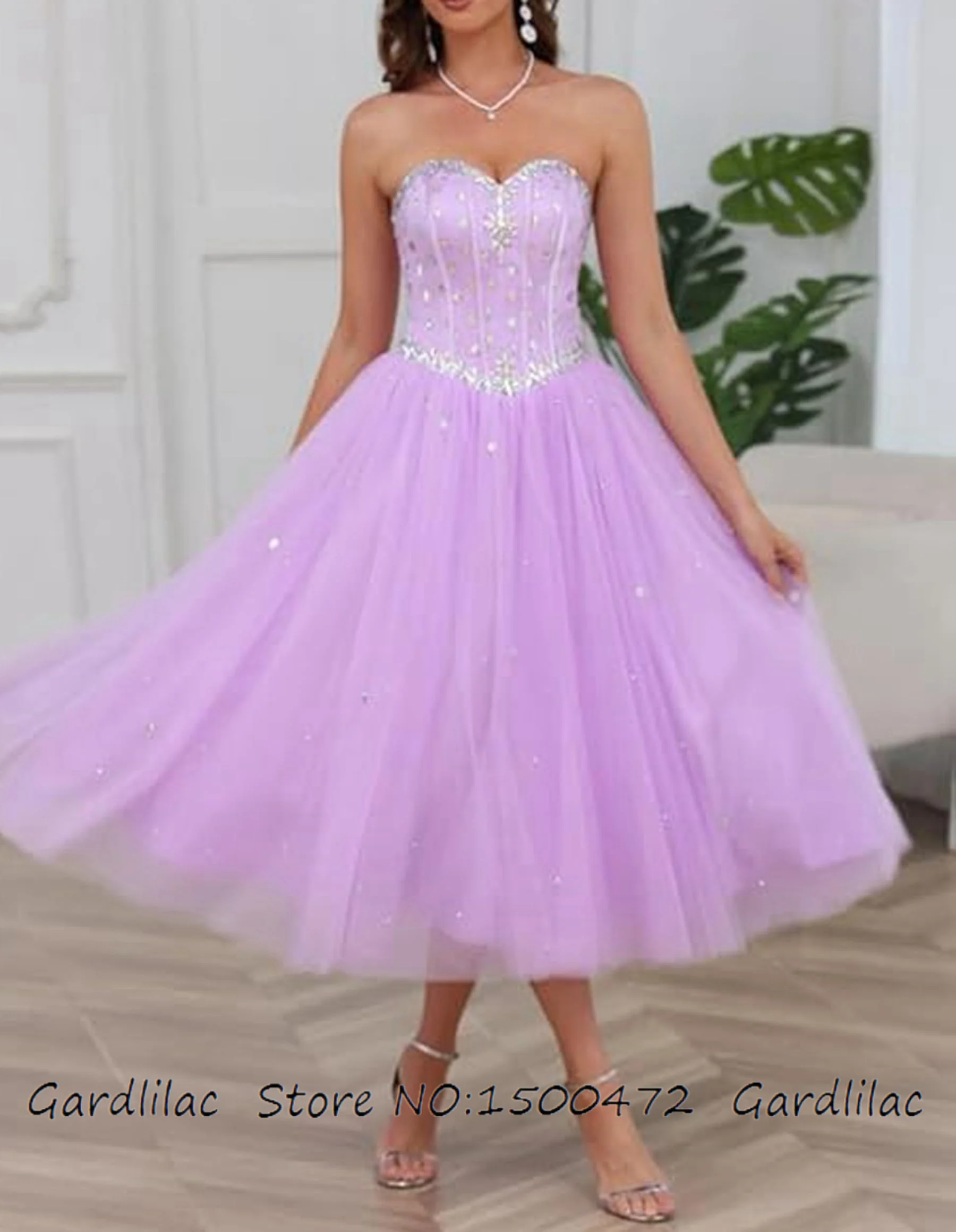 Elegância sem alças chá comprimento vestido de baile tule longo vestido de dama de honra cristal brilhante miçangas vestido de festa à noite