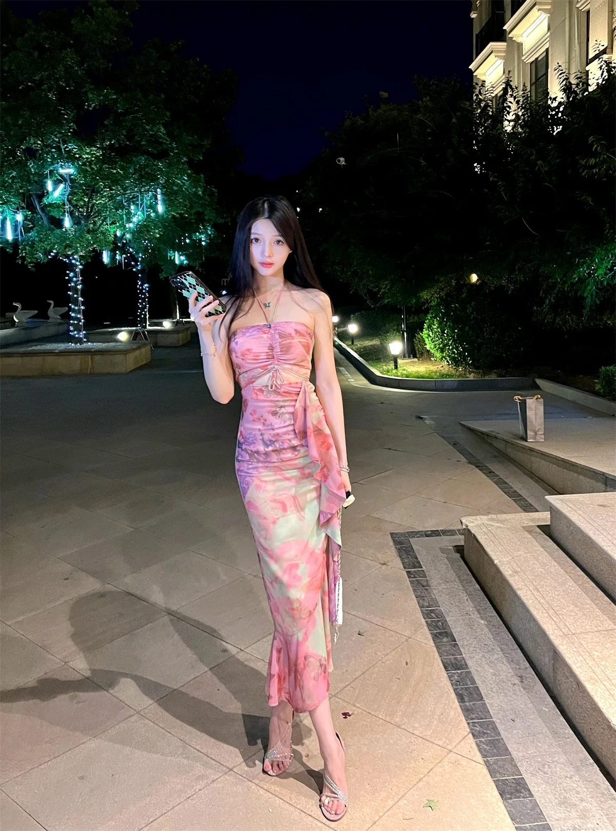 

Exotic Beau Long Skirt Dr with Lace Design High Waist Summer 2023 Svel Flower Pattern H-ape Gown