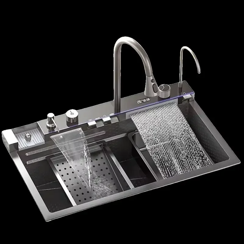 Stainless Steel Kitchen Sink with LED Digital Display Waterfall Faucet Intelligent Cleaning Drain Tray Multifunctional