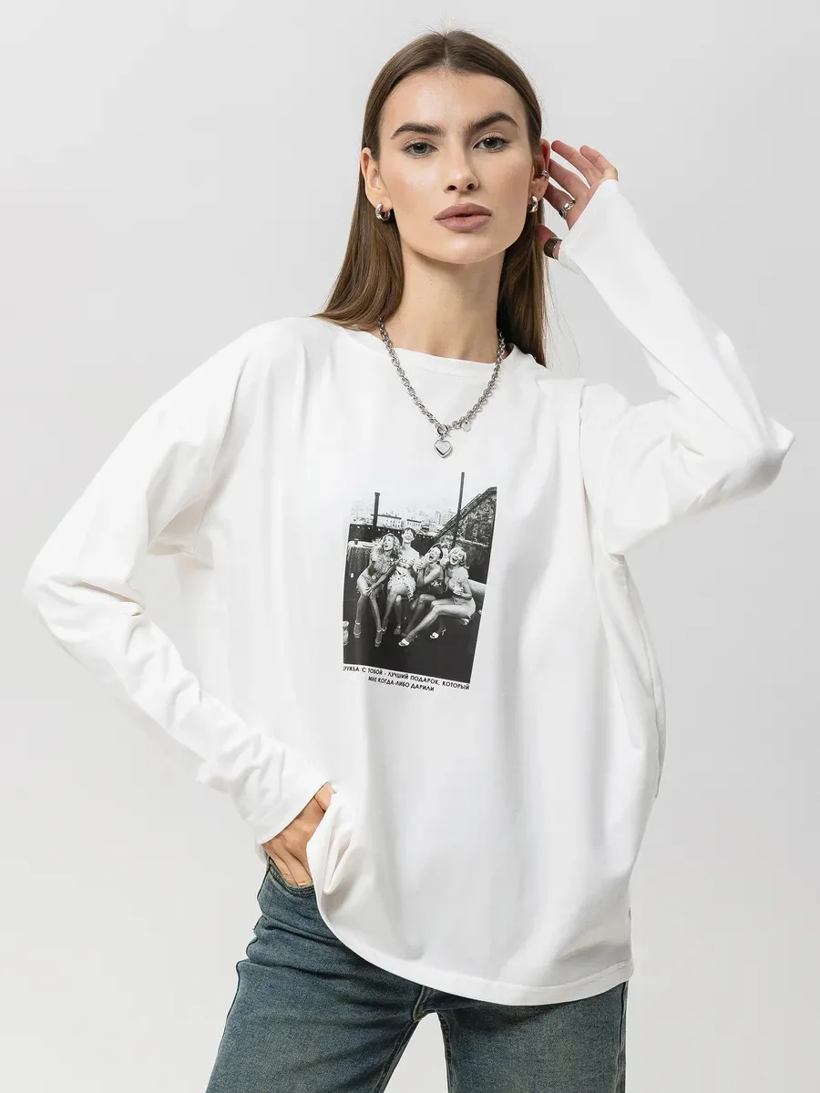 

Новинка осени 2026: Женская футболка с длинным рукавом из 100% хлопка, свободного кроя, с ретро-принтом, универсальная повседневная базовая модель