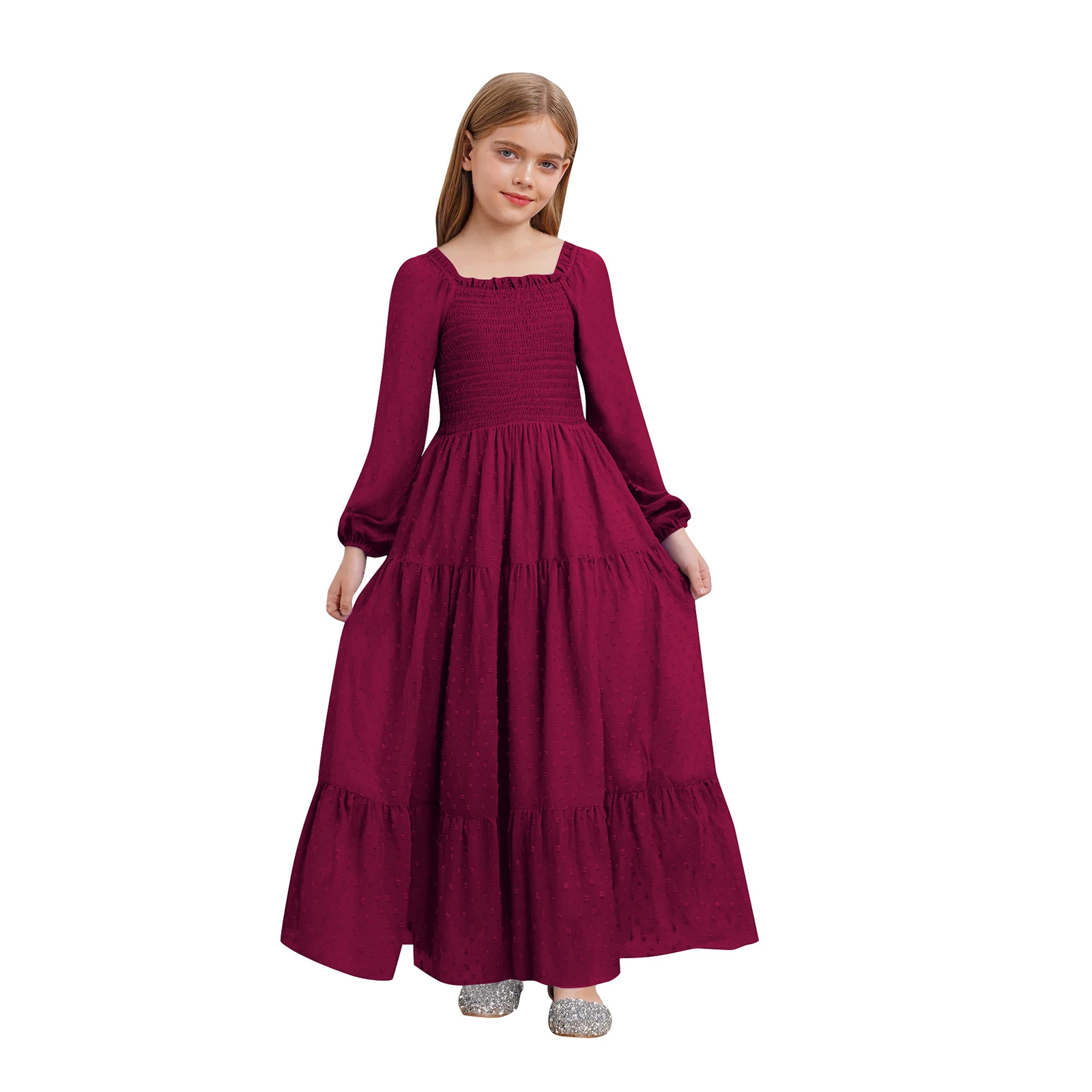 

Kids Girls Chiffon Dress Square Collar Long Sleeve Smocked Belted Dots Tiered Hem Ruffled Midi Dresses for Birthday Party Dress