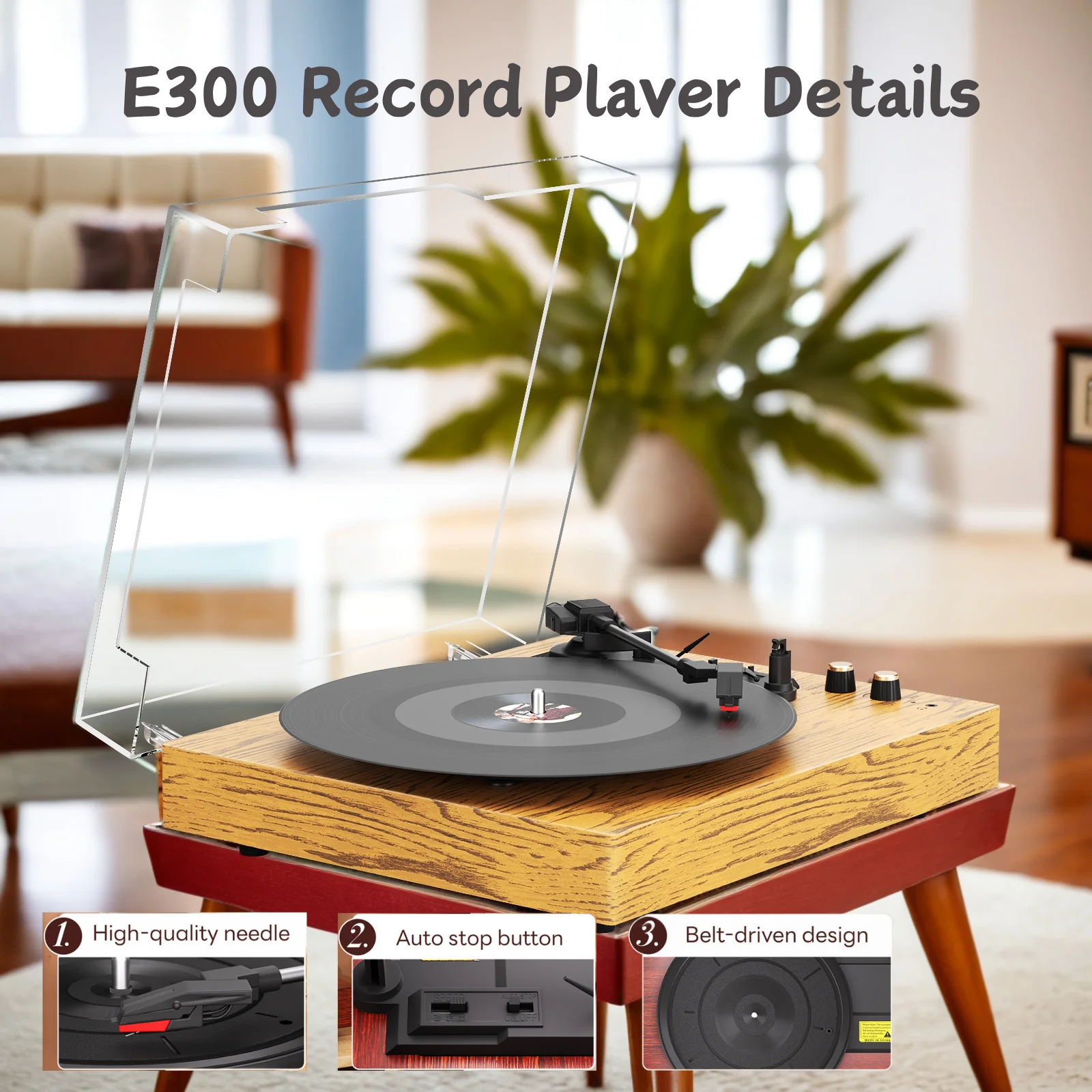 Maio E300 Belt-Driven Vintage Gramophone Device, Vinyl Record, Turntable, High-Fidelity Stereo, Built-In Speaker, 3-Speed