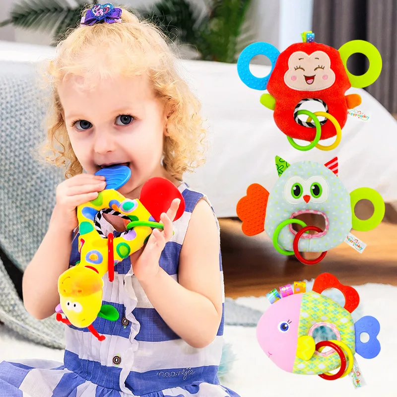 Baby Teething Toy Animal Hand-held Rattle Bite Glue Can Bite Newborn Grasp Training Soothing Plush Toy Teething Stick Gift