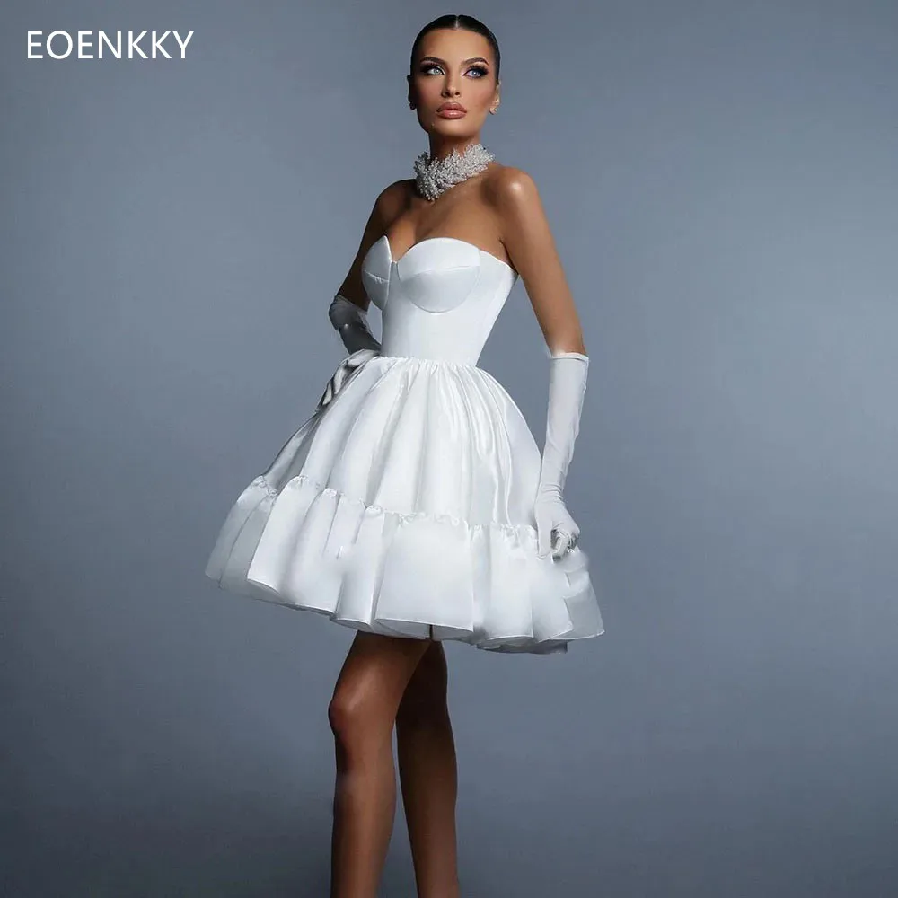 Vestido de fiesta de boda corto sencillo, vestidos de fiesta sin mangas con cuello de corazón de satén blanco para eventos especiales personalizados