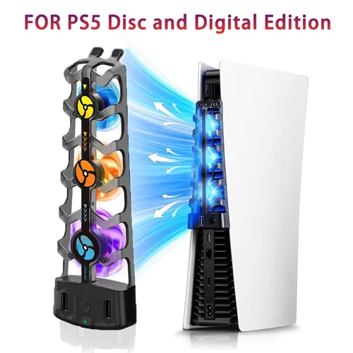 Imagen 1 del producto Ventilador de refrigeración RGB para PS5, sistema de refrigeración eficiente, ventiladores enfriadores silenciosos de 3 velocidades para accesorios de consola PS5, disco y edición Digital